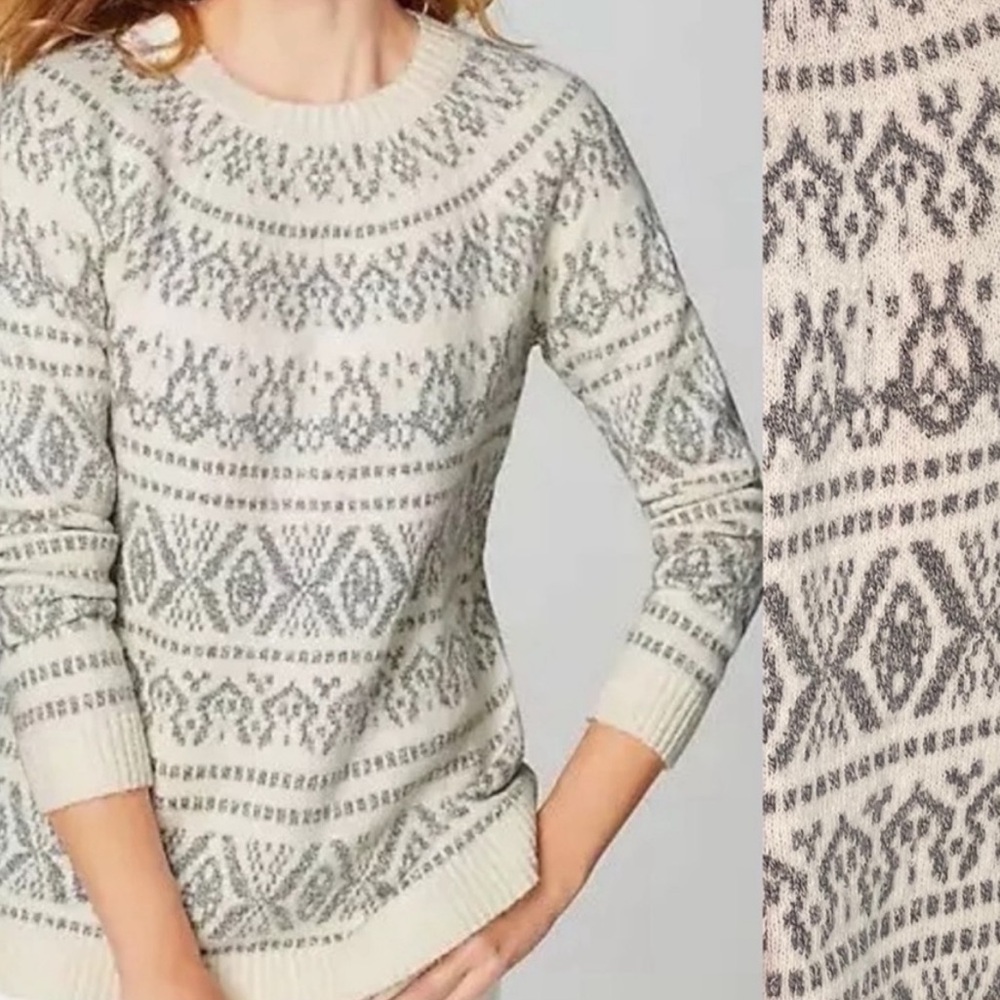 J. Jill Fair Isle Crewneck Pullover Sweater Cream Grey Nordic‎ Fair Isle XS